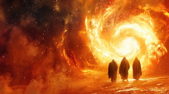 fiery furnance with religious people walking through