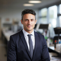 Fototapeta premium Confident Hispanic businessman smiling in modern office setting