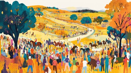 Obraz premium Minimalist Background of Geelong Cup Race: Fast-Paced Holiday Vibes with Orange Sky and Waves Pounding the Shores of Australia