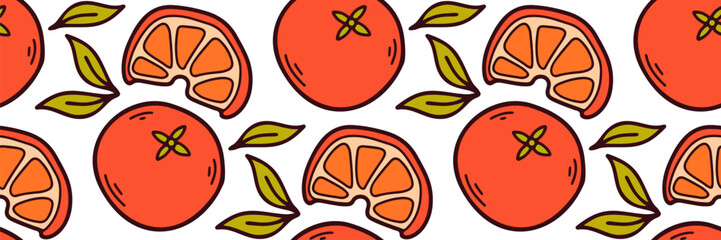 Christmas mandarin seamless pattern. Whole orange and slices, leaves. Fresh and cozy background for autumn and winter. For wallpaper, packaging, brand, market, cafe, menu. Vector doodle illustration.