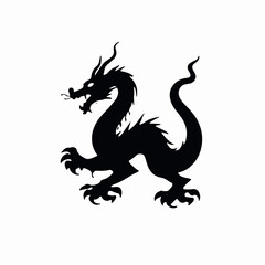 A black silhouette of a Chinese dragon with a long serpentine body, horns, and claws