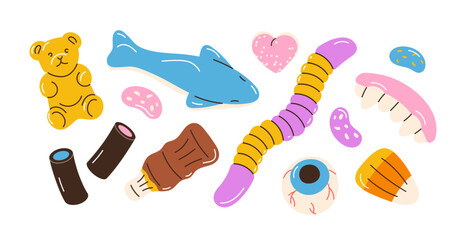 Gummy candies set. Jelly sweets. Gum bear, worm, jaws, eyeball and bottle. Sweet chewy snacks, sugar treats, confections. Funny confectionery. Flat vector illustration isolated on white background