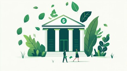 Banking institutions illustrated adopting eco-friendly practices to support sustainability, reduce waste, and fund green innovations, illustrations