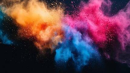 Vibrant explosion of colorful powder on a black background.
