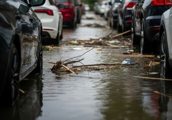 Urban flooding after heavy rainstorm in parking lot