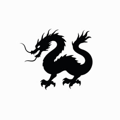 A black silhouette of a Chinese dragon with a long serpentine body, horns, and claws