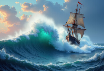 Obraz premium Vintage sailing ship navigating a turbulent sea