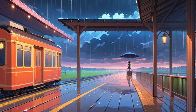 Anime Train Station raining