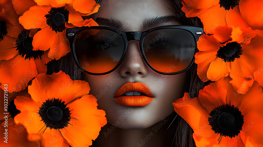 Canvas Prints Portrait of a Woman with Orange Flowers in Her Hair and Sunglasses