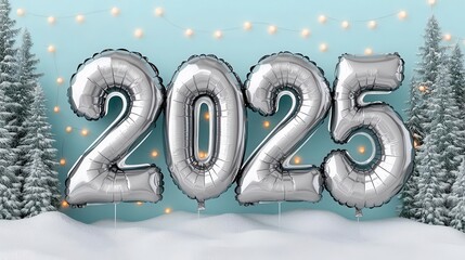 Silver balloons displaying the year 2025 in a snowy landscape with evergreen trees and twinkling lights, perfect for New Year's celebrations.