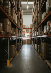 Warehouse storage aisle with stacked cardboard boxes and industrial shelving