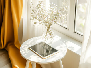 top view product closeup, from top to bottom, tablet on small white side table