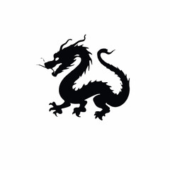 A black silhouette of a Chinese dragon with a long serpentine body, horns, and claws