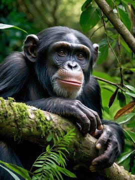 A black and grey chimpanzee sits on a large tree branch in a lush green forest, holding a newspaper