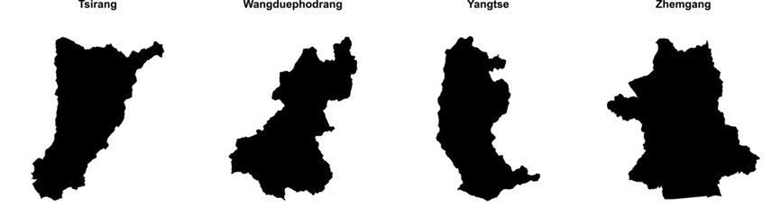 Tsirang, Wangduephodrang, Yangtse, Zhemgang outline maps