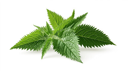 A close-up image of vibrant green nettle leaves with serrated edges on a white background.