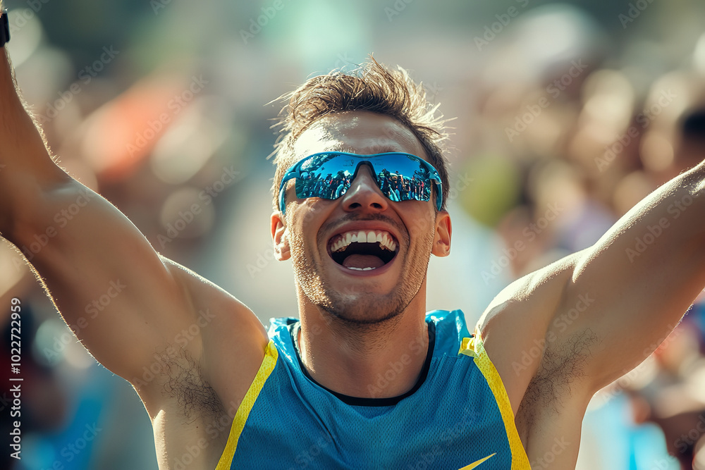 Poster Marathon Victory: Athlete Joyful at Finish Line with Spectators Cheering  