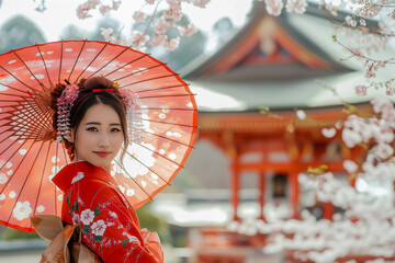 Japanese Woman in Traditional Kimono Admiring Cherry Blossoms. Generative AI