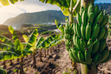 Obraz premium Tropical Green Bananas on Plantation. Bananas on the tree. Generative AI
