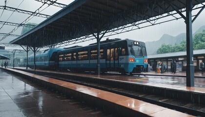 Fototapeta premium Anime Train Station raining