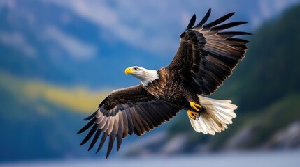 Fototapeta premium Majestic Bald Eagle in Flight Over Scenic Landscape