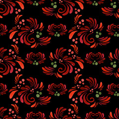 Folk style. Watercolor seamless pattern on a dark background. Textile, fabrics, wallpaper, wrapping paper, textures.