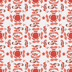 Folk style. Watercolor seamless pattern on a light background. Textile, fabrics, wallpaper, wrapping paper, textures.