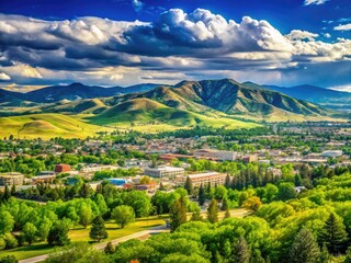 Fototapeta premium Scenic View of Helena Montana with Lush Green Landscapes and Majestic Mountains in the Background
