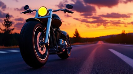 Fototapeta premium Sunset View of a Lone Motorcycle on an Open Road
