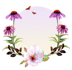 Richly decorated invitation frame. Watercolor on a light background. Leaves and flowers. Illustration for invitations, harvest festivals, and parties.