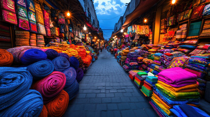 Obraz premium Vibrant Market Scene with Colorful Textiles for Sale