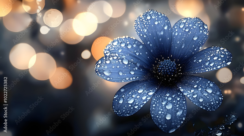 Sticker Blue flower with water droplets and background blurred lights