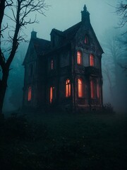 Fototapeta premium A horror misty fog envelops a looming, haunted manor with eerie glow emanating from its windows