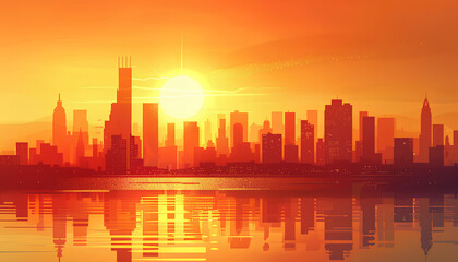 city skyline at sunset, the sun setting behind buildings and reflecting on water, silhouettes against an orange sky with clouds, skyscrapers and other urban architecture visible along its edge