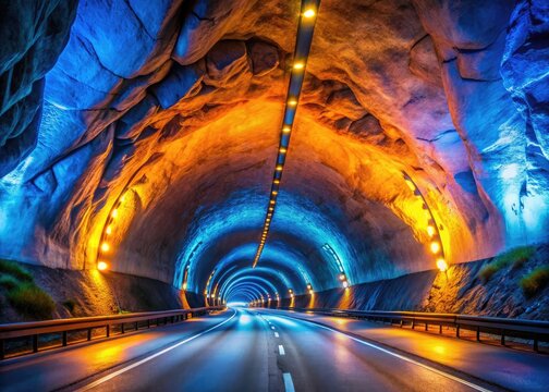 Scenic view of Laerdal Tunnel, showcasing its interior architecture and illuminated roadways