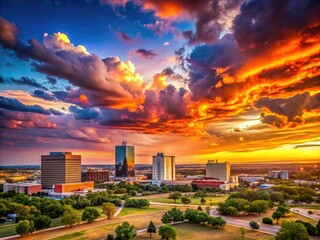 Scenic view of Lubbock Texas skyline with vibrant sunset and dramatic cloud formations at dusk