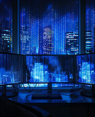 computer desk with multiple monitors displaying blue and green code, symbolizing the digital...