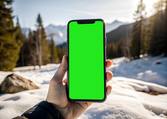 Smartphone mockup green screen with mountain background