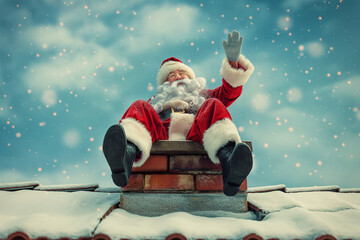 Santa Claus on the roof. Funny Santa Claus Stuck Upside Down in Chimney on Christmas Eve. Concept of Holiday Humor and Festive Spirit. Generative AI
