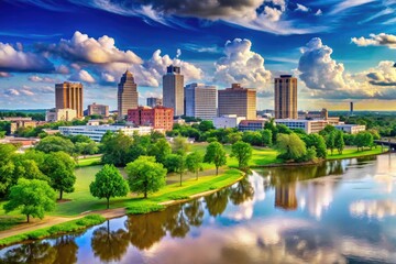 Scenic View of Monroe Louisiana Riverfront with Beautiful Skyline and Lush Green Landscapes