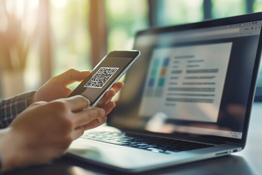 Scanning QR Code for Multi-Factor Authentication on Laptop Screen. Concept of Digital Security and Authentication. Generative AI