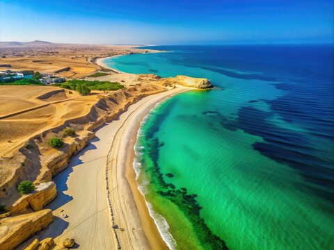 Scenic view of Mirbat coastline with sandy beaches and turquoise waters under a clear blue sky