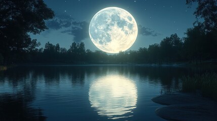 Naklejka premium A serene night scene featuring a full moon reflecting on water.