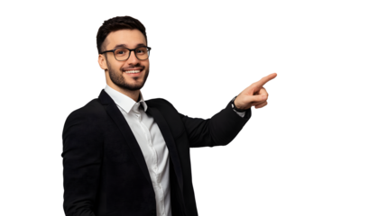 a portrait of a confident businessman, dressed in professional attire, pointing towards the left side of the frame