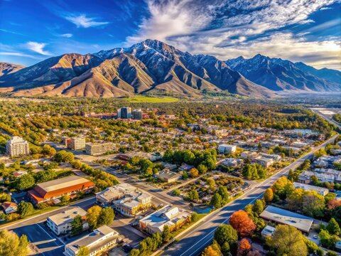 Scenic View of Orem City Utah with Mountains and Clear Blue Sky in Bright Sunshine During Daytime