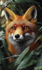 Fototapeta premium Red fox peering through green foliage.