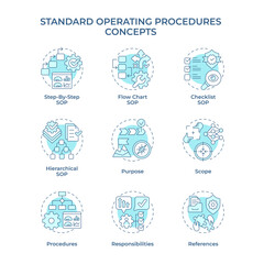 Standard operating procedures soft blue concept icons. Regulatory compliance, task management. Icon pack. Vector images. Round shape illustrations for infographic, presentation. Abstract idea