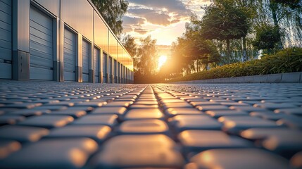 Fototapeta premium A driveway in a modern, tidy company yard, sunlight, perspective, depth of field.