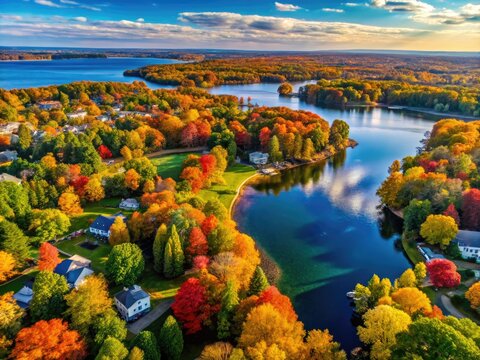 Scenic View of Simcoe Ontario Featuring Lush Greenery and Tranquil Lake on a Sunny Day in Autumn