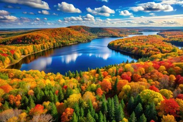 Naklejka premium Scenic View of Superior Wisconsin Landscape with Lake and Forest in Vibrant Autumn Colors